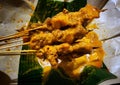 Very delicious chicken satay meat in a close-up photo