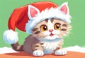 Scene of a cute kitten wearing a red Santa Claus hat on its head Royalty Free Stock Photo