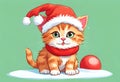 Scene of a cute kitten wearing a red Santa Claus hat on its head Royalty Free Stock Photo