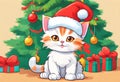 Scene of a cute kitten wearing a red Santa Claus hat on its head Royalty Free Stock Photo