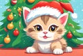 Scene of a cute kitten wearing a red Santa Claus hat on its head Royalty Free Stock Photo