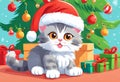 Scene of a cute kitten wearing a red Santa Claus hat on its head Royalty Free Stock Photo