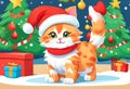 Scene of a cute kitten wearing a red Santa Claus hat on its head Royalty Free Stock Photo