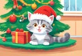 Scene of a cute kitten wearing a red Santa Claus hat on its head Royalty Free Stock Photo