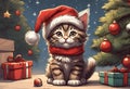 Scene of a cute kitten wearing a red Santa Claus hat on its head Royalty Free Stock Photo