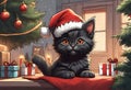 Scene of a cute kitten wearing a red Santa Claus hat on its head Royalty Free Stock Photo