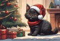 Scene of a cute kitten wearing a red Santa Claus hat on its head Royalty Free Stock Photo