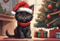 Scene of a cute kitten wearing a red Santa Claus hat on its head Royalty Free Stock Photo