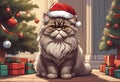 Scene of a cute persian cat wearing a red Santa Claus hat on its head