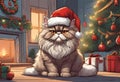 Scene of a cute persian cat wearing a red Santa Claus hat on its head