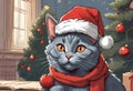 Scene of a cute kitten wearing a red Santa Claus hat on its head Royalty Free Stock Photo