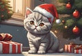 Scene of a cute kitten wearing a red Santa Claus hat on its head Royalty Free Stock Photo