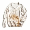 Very dirty white sweater, white clothes with dark black stains, close-up isolated