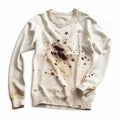 Very dirty white sweater, white clothes with dark black stains, close-up isolated