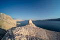 Very dry environment of Pag island in Adriatic sea, Croatia. Panoramic view on sea cove at Beritnica Beach. Moring with clear sky