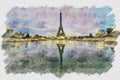 Early morning Eiffel tower reflection watercolors painting