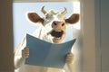 Very emotional excited cow holding a blank poster mockup. Generative AI