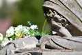 Weeping lady receives a bouquet