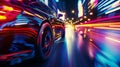 Very fast car in a futuristic city at night. AI generated Royalty Free Stock Photo