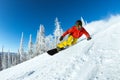 Very fast snowboarder slides at ski slope