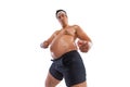 A funny fat man isolated on white background. Obesity and eating disorder. Concept for dietetics and fitness advertising