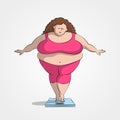 Very fat woman is standing on bathroom scales Royalty Free Stock Photo