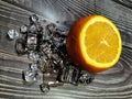 A very fresh cut orange with ice cubes Royalty Free Stock Photo