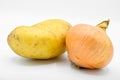 Very fresh raw tuber potatoes and onion. Royalty Free Stock Photo
