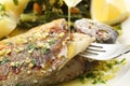 Very fresh seabream fish grilled with turnip greens Royalty Free Stock Photo