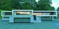 Luxury contemporary high tech building wirh flat roof and big windows reflecting sunset. Green trees. 3d rendering. Royalty Free Stock Photo