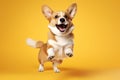 very happy dog corgi on yellow bright background Royalty Free Stock Photo