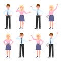 Smiling office guy, lady vector illustration. Talking on phone, waving hello eyeglasses male and blonde female cartoon character