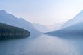 Very hazy and smokey view of Bowman Lake, in the North Fork area of Glacier National Park Montana Royalty Free Stock Photo