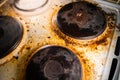 Very heavily soiled old kitchen electric stove in burnt brown soot and grease