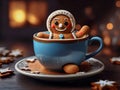 Very hot and sweety gingerbread man waving in a blue cup on a table.