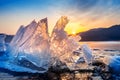 Very large and beautiful chunk of Ice at Sunrise in winter Royalty Free Stock Photo