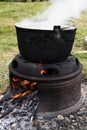 Very large cauldron cooking food during campfire, big pots on fire preparing during food festival