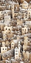 A lot of cardboard houses under snow. Christmas greeting card.. Generative AI image.