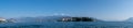 Very large panoramic view of Lago Maggiore Lake and Borromean islands (Isola Bella, Superiore, Madre Royalty Free Stock Photo