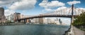 Very large panoramic view on  Queensboro Bridge over East River, manhattan`s midtown skyscrapers and Roosevelt island Royalty Free Stock Photo