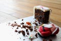 The very last piece of a home made Christmas cake,with a collapsed sugarcraft Father Christmas, or Santa Claus, made from icing o Royalty Free Stock Photo