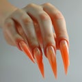 very long curved orange nails close up unusual creative manicure Royalty Free Stock Photo