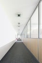 Very long office corridor with fabric carpet glass