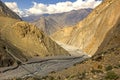 A very long tibetan bridge hangs over the dry bed of a river in the musk deer valley near Lupra in the Annapurnas of the himalayas Royalty Free Stock Photo