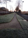 Very Long Winter Sidewalk with Frozen Grass