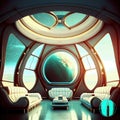 very luxurious futuristic interior in space with planetarium technologies and domes