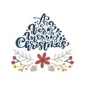 A Very Merry Christmas Hand Drawn calligraphic text and branch Vector Border divider. Design Elements Decoration Wreath Royalty Free Stock Photo