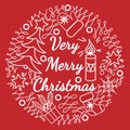 Very merry Christmas text in the round frame with gift, mitten,