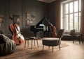 Very modern music room equipped with a variety of musical instruments and equipment suitable for a modern studio. Royalty Free Stock Photo