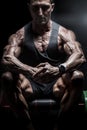 Very muscular bodybuilder man with veins on the body sitting in dim light. Gym training. Fit and lean body